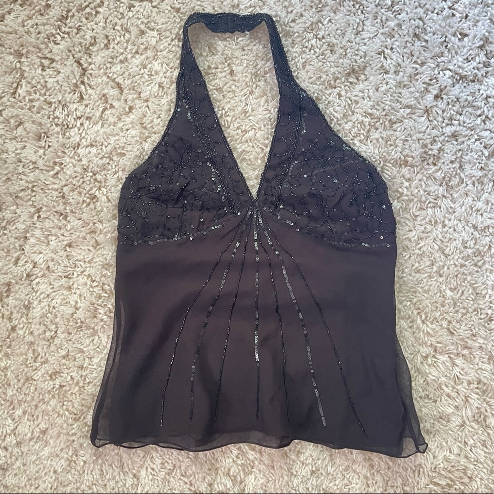 Y2K Black Halter Embroidered Beaded Top Sleeveless